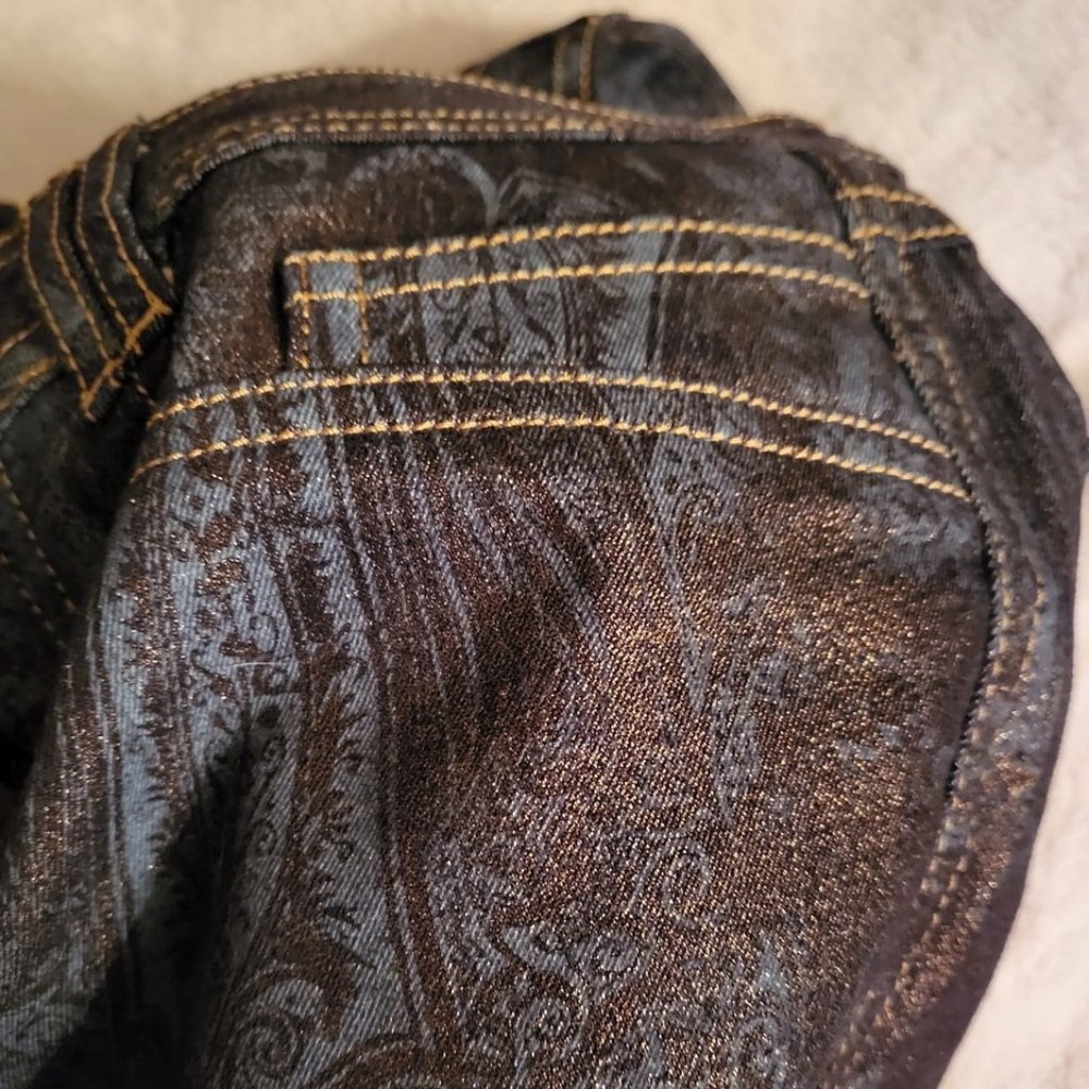 NWOT Cache gold glitter metallic blue paisley jeans 15" across waist - Picture 10 of 10
